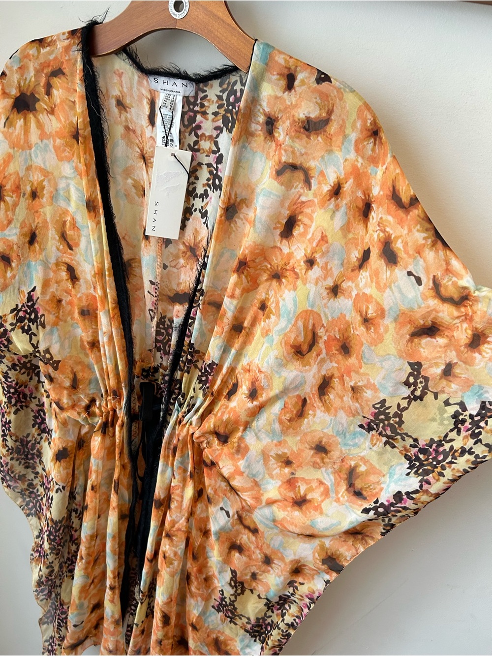 BNWT SHAN 100% SILK Floral Kimono Cover Up Boho Resort Beach Caftan Size 8
